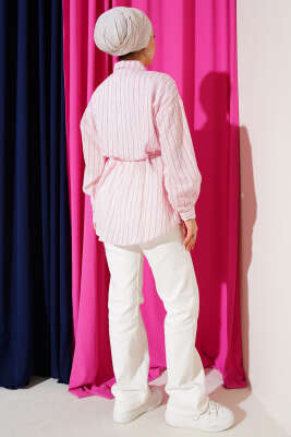 Keten Çizgili Oversize Gömlek Pembe - Gömlek