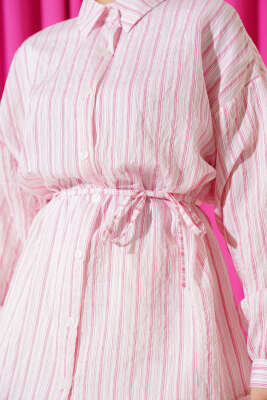 Keten Çizgili Oversize Gömlek Pembe - Gömlek