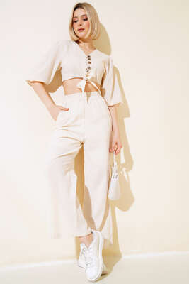 Keten İkili Takım Bej - Kadın Giyim Modelleri