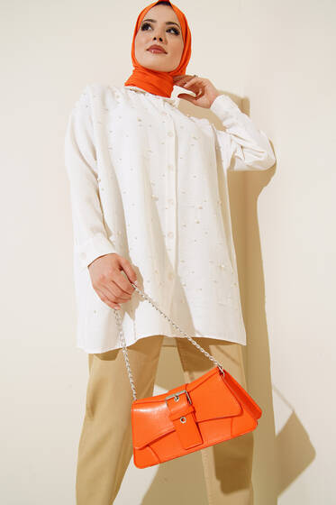 Keten İnci Taşlı Gömlek Ekru - Gömlek