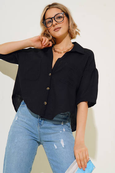 Keten Kısa Kol Gömlek Siyah - Kadın Giyim Modelleri