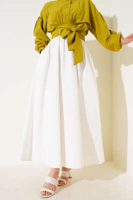 Keten Kloş Beli Lastikli Etek Beyaz