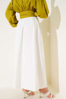 Keten Kloş Beli Lastikli Etek Beyaz - Uzun Etek