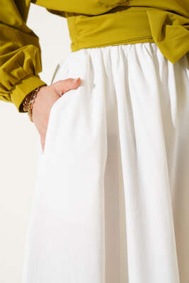 Keten Kloş Beli Lastikli Etek Beyaz - Uzun Etek