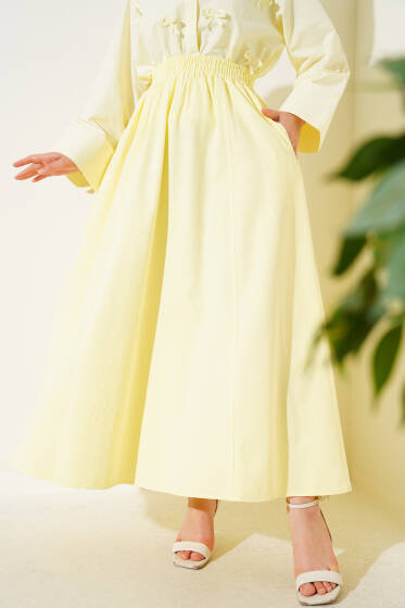 Keten Kloş Beli Lastikli Etek Sarı - Etek