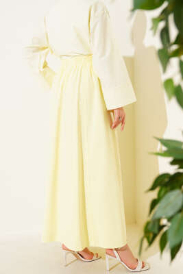 Keten Kloş Beli Lastikli Etek Sarı - Uzun Etek