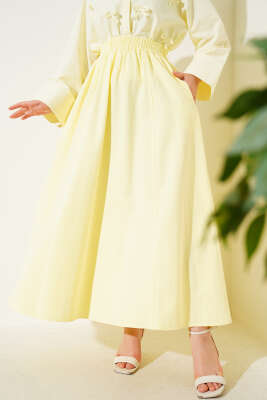 Keten Kloş Beli Lastikli Etek Sarı 