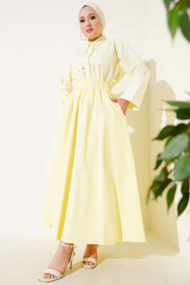 Keten Kloş Beli Lastikli Etek Sarı - Uzun Etek
