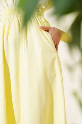 Keten Kloş Beli Lastikli Etek Sarı - Uzun Etek