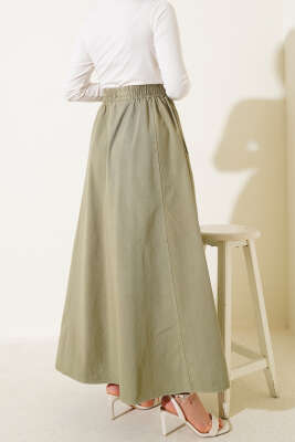 Keten Kloş Beli Lastikli Etek Yeşil - Uzun Etek