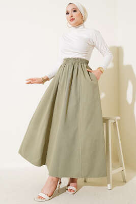 Keten Kloş Beli Lastikli Etek Yeşil - Uzun Etek