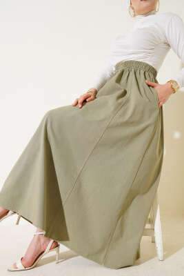Keten Kloş Beli Lastikli Etek Yeşil 