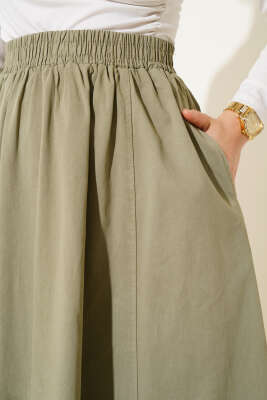 Keten Kloş Beli Lastikli Etek Yeşil - Uzun Etek