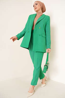 Keten Pantolon Ceket İkili Takım Yeşil - Thumbnail