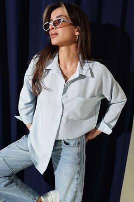 Keten Tek Cepli Gömlek Bebe Mavi - BIGDART