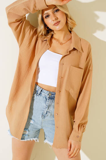 Keten Tek Cepli Gömlek Camel - Kadın Giyim Modelleri