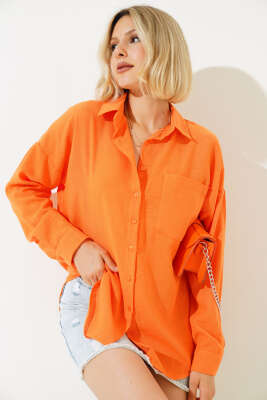 Keten Tek Cepli Gömlek Oranj - Kadın Giyim Modelleri