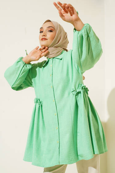 Keten Yanları Büzgülü Gömlek Yeşil - Gömlek