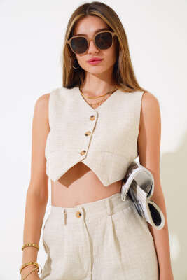 Keten Yelekli İkili Takım Taş - Kadın Giyim Modelleri