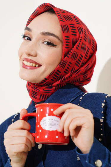 Kibrit Desen Yazma Eşarp Kırmızı - Başörtüsü