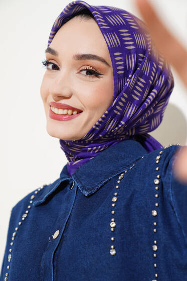 Kibrit Desen Yazma Eşarp Mor - Başörtüsü