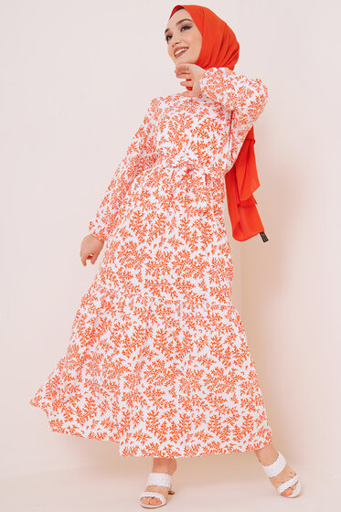 Kılcal Desen Terikoton Elbise Oranj - Tesettür Elbise