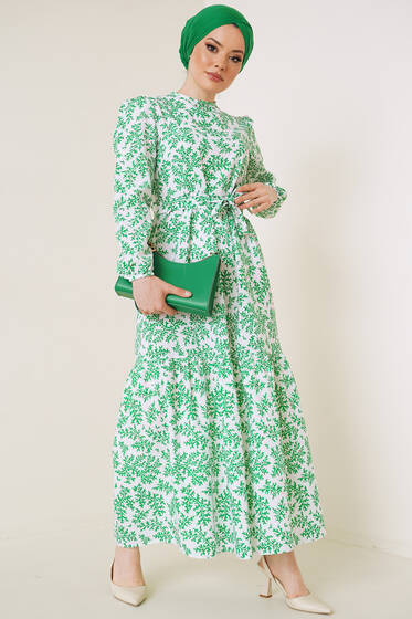 Kılcal Desen Terikoton Elbise Yeşil - Tesettür Elbise