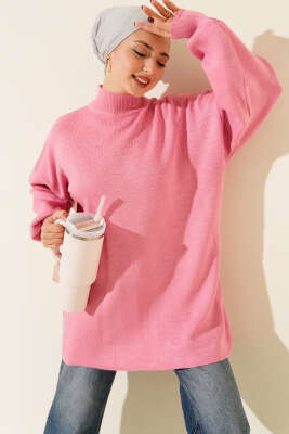Balıkçı Yaka Balon Kol Triko Tunik Pembe - KILIÇ TRİKO