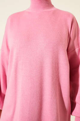 Balıkçı Yaka Balon Kol Triko Tunik Pembe - Tunik