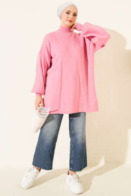 Balıkçı Yaka Balon Kol Triko Tunik Pembe - Yılın Fırsatı