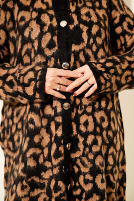 Leopar Desenli Şardonlu Triko Hırka Vizon - Hırka