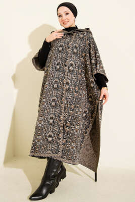 Kilim Desen Kapüşonlu Panço Füme - Panço