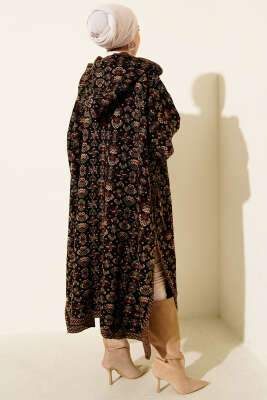 Kilim Desen Kapüşonlu Panço Siyah Kahve - Panço