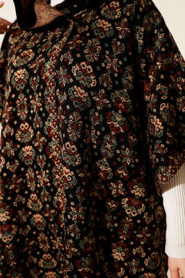 Kilim Desen Kapüşonlu Panço Siyah Kahve - Panço