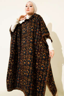 Kilim Desen Kapüşonlu Panço Siyah Mavi - ULUDAĞ TRİKO