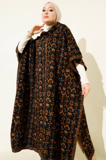 Kilim Desen Kapüşonlu Panço Siyah Mavi - Panço