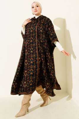 Kilim Desen Kapüşonlu Panço Siyah Mavi - Panço