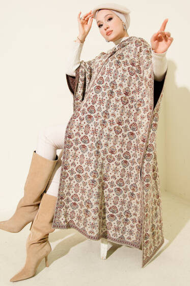 Kilim Desen Kapüşonlu Panço Taş - Panço