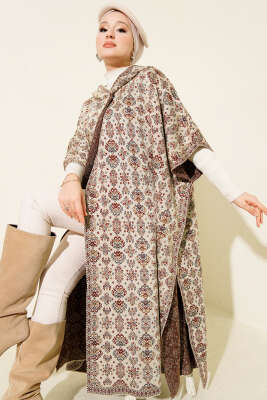 Kilim Desen Kapüşonlu Panço Taş - Panço