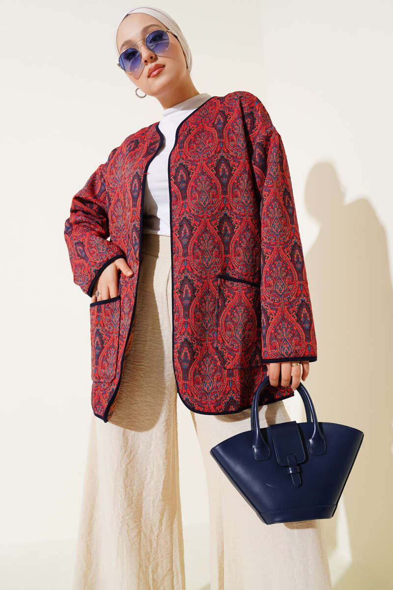 Kilim Desenli Çift Cepli Ceket Bordo