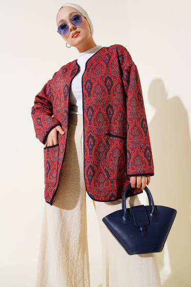 Kilim Desenli Çift Cepli Ceket Bordo - Ceket