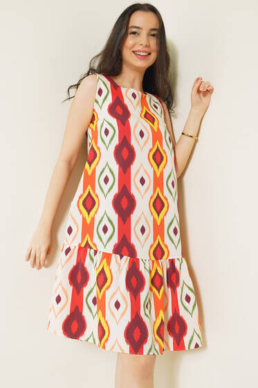 Kilim Desenli Kolsuz Elbise Kiremit - Kısa Elbise