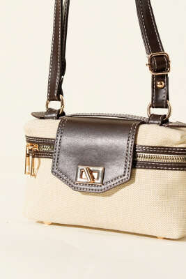 Kilit Detaylı Fermuarlı Kanvas Çanta Acı Kahve - Kol Çantası