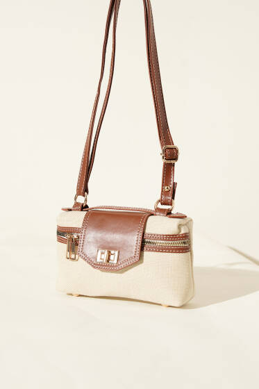 Kilit Detaylı Fermuarlı Kanvas Çanta Taba - Kol Çantası