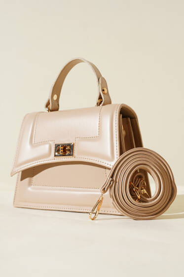 Kilit Detaylı Kenar Dikişli Çanta Bej - Kol Çantası