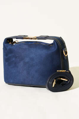 Kilit Sap Detaylı Süet Çanta Lacivert - Kol Çantası