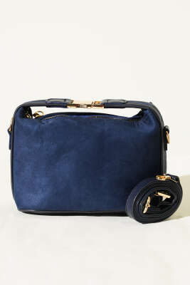 Kilit Sap Detaylı Süet Çanta Lacivert - Kol Çantası