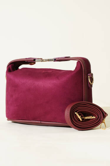 Kilit Sap Detaylı Süet Çanta Vişne - Kol Çantası