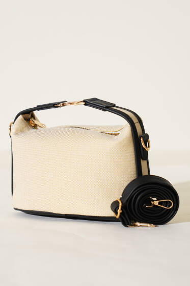 Kilit Saplı Kanvas Çanta Siyah Bej - Kol Çantası