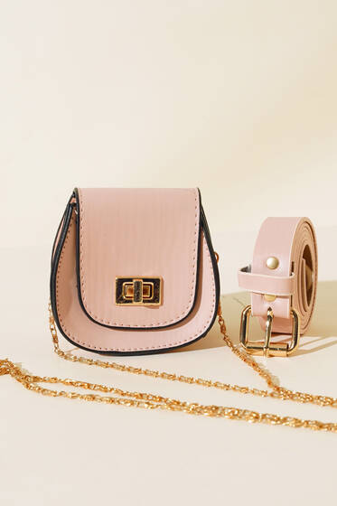 Kilitli Mini Bel Çanta Pudra - Bel Çantası